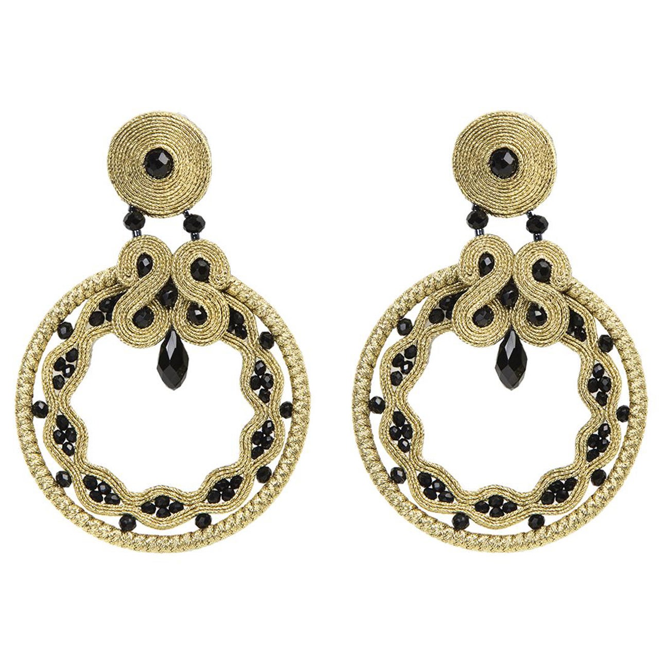 Miabril Ocher & Jet Soutache Earrings with Silk Rayon, Beads & Silver Closure For Sale