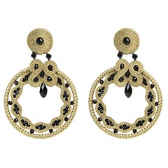 Miabril Ocher & Jet Soutache Earrings with Silk Rayon, Beads & Silver Closure