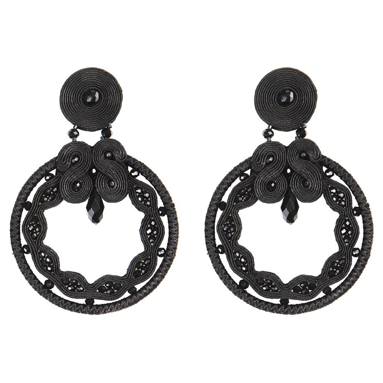 Miabril  Black  & Jet Soutache Earrings with Silk Rayon, Beads & Silver Closure