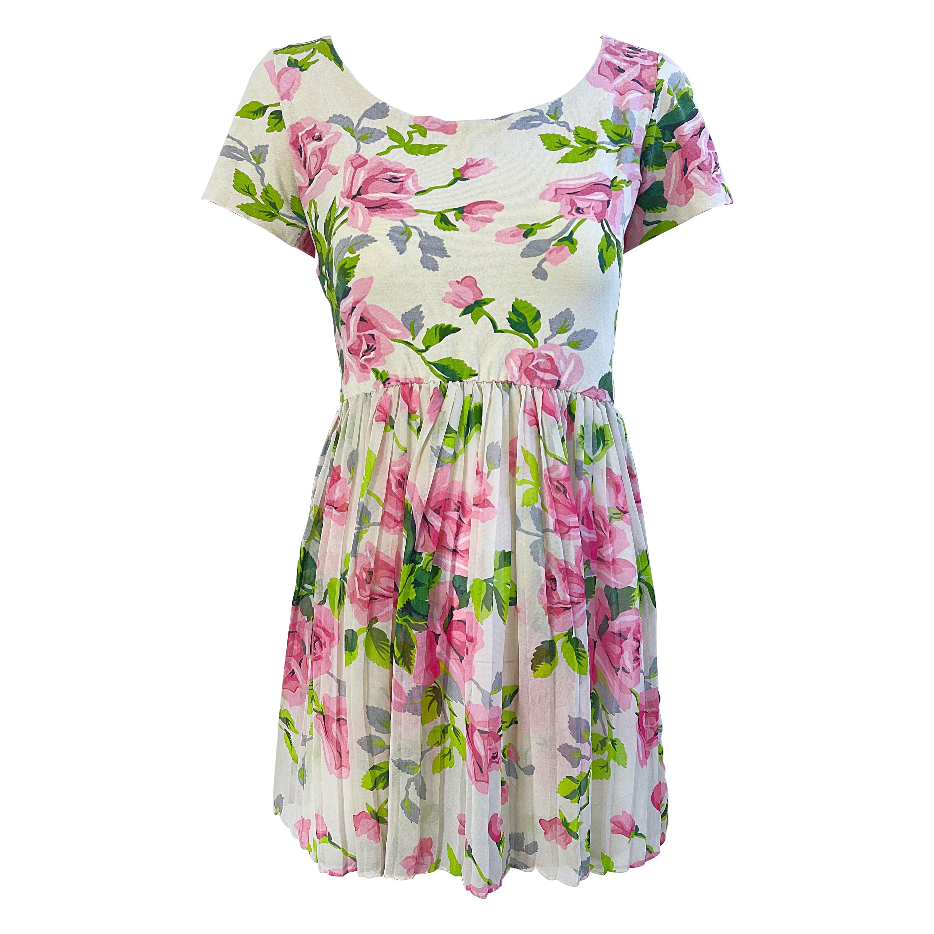 1990s Betsey Johnson Rose Print Cotton Chiffon Semi Sheer Crop Top Mini Dress For Sale