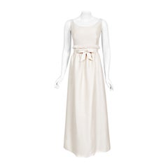 Retro Early 1960s Aurore Paris Couture Ivory Silk Nipped-Waist Bow Bridal Gown