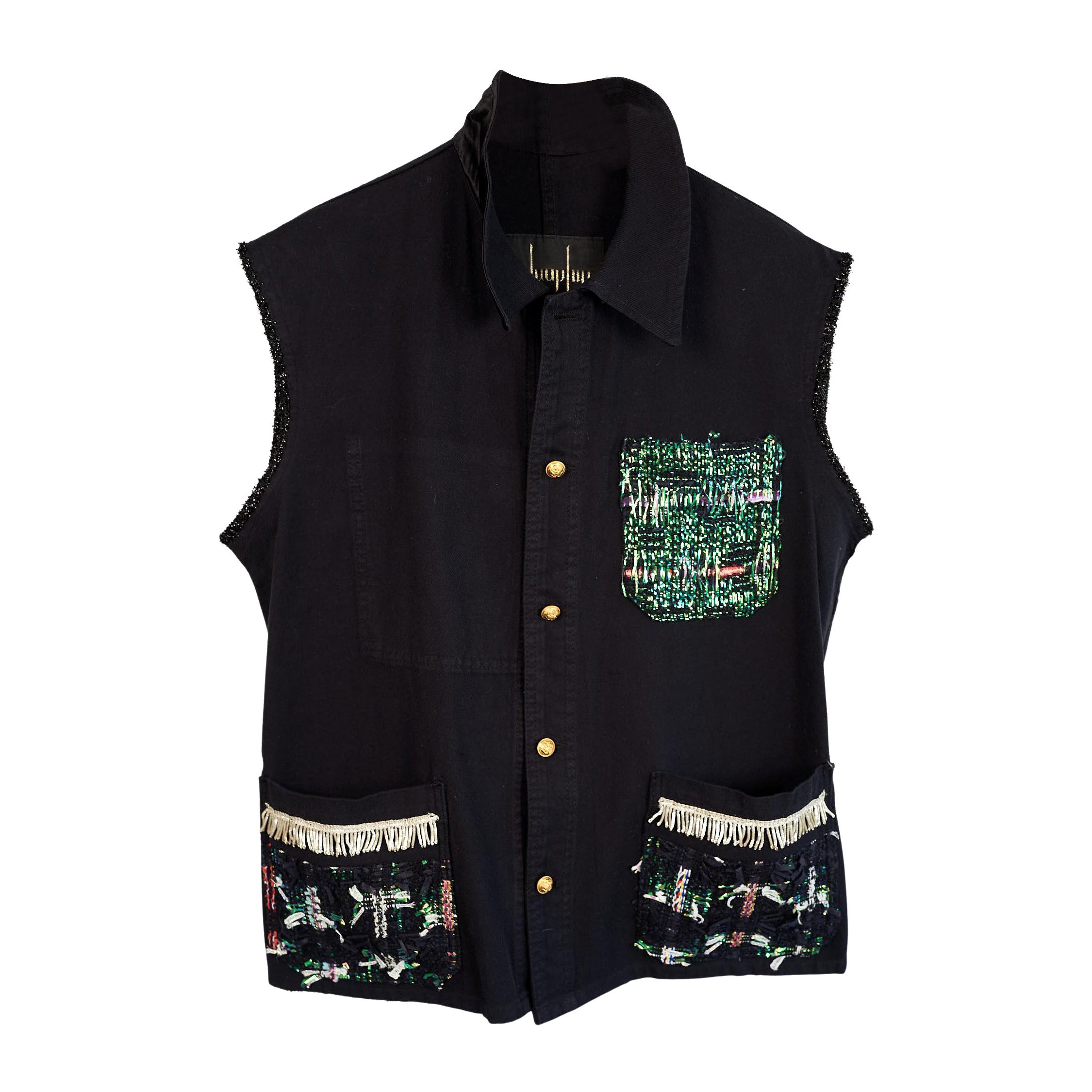 Silver Fringe Vest Sleeveless Jacket Cotton Black Green Lurex Tweed J Dauphin