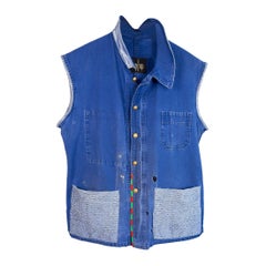 Sleeveless Jacket Blue French Work Vest Repurposed Vintage Glitter Large