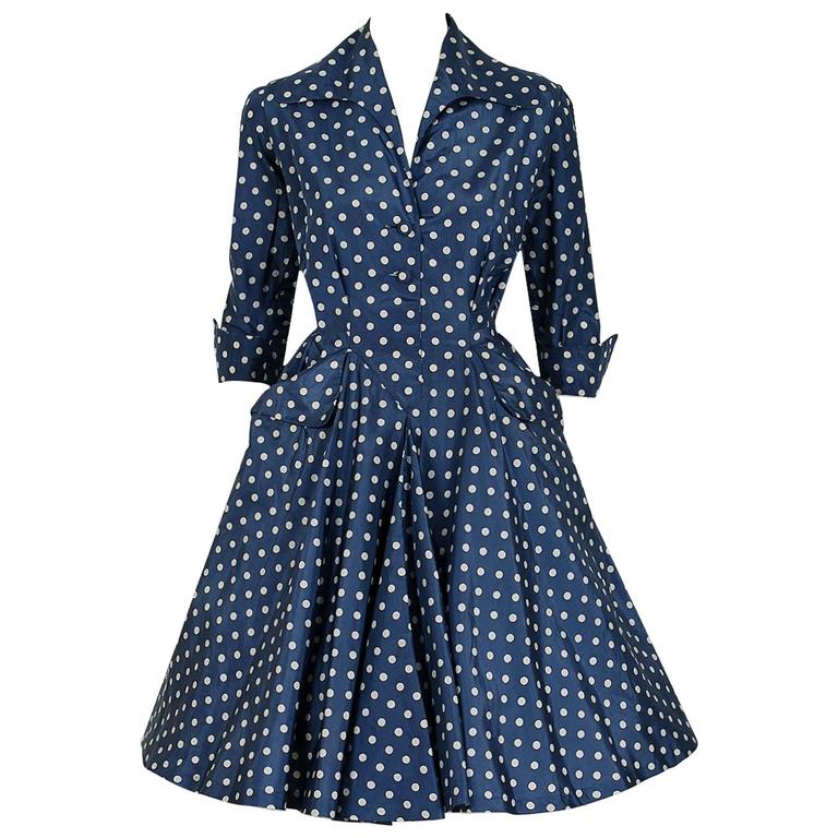 1954 Christian Dior Original Polka-Dot Blue and White Silk Circle
