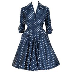 Vintage 1954 Christian Dior Original Polka-Dot Blue & White Silk Circle-Skirt Dress