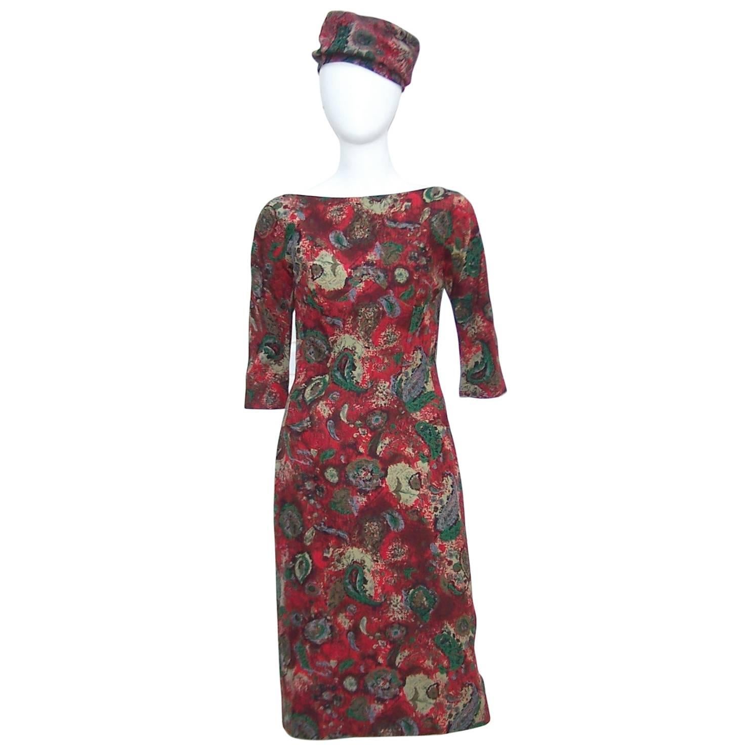 1950's Suzy Perette Abstract Paisley Print Dress With Bustle Kick Pleat & Hat