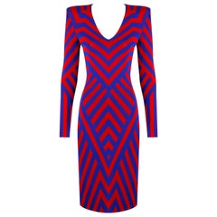 Alexander McQueen Resort 2010 Red Blue Geometric Stripe Op Art Long Sleeve Dress