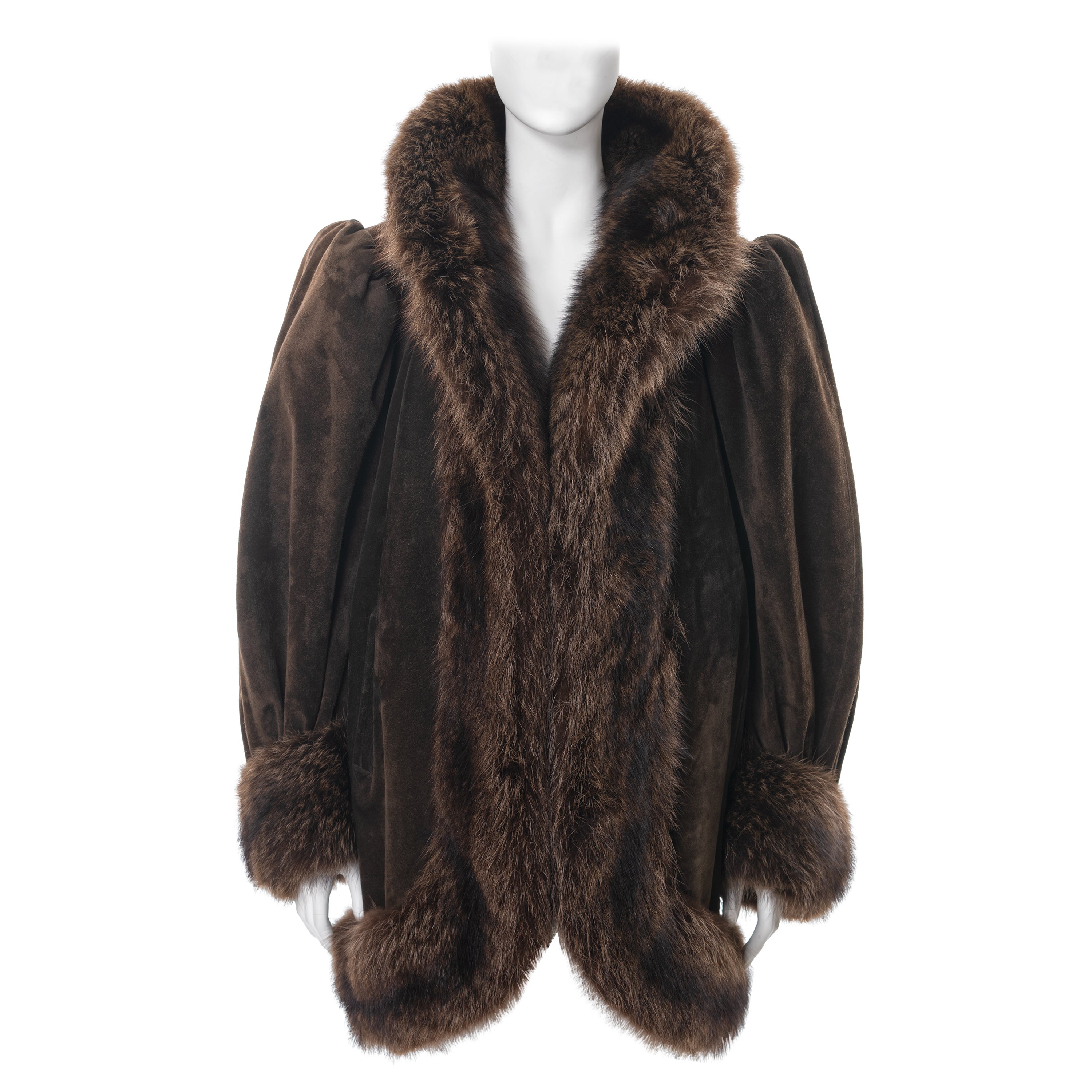 Yves Saint Laurent Haute Couture brown suede and fur cocoon coat, fw 1983 For Sale