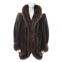 Used Yves Saint Laurent Haute Couture brown suede and fur cocoon coat, fw 1983