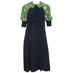 1920's Black Day Dress With Green Floral Bodice & Intricate Pin Tucking
