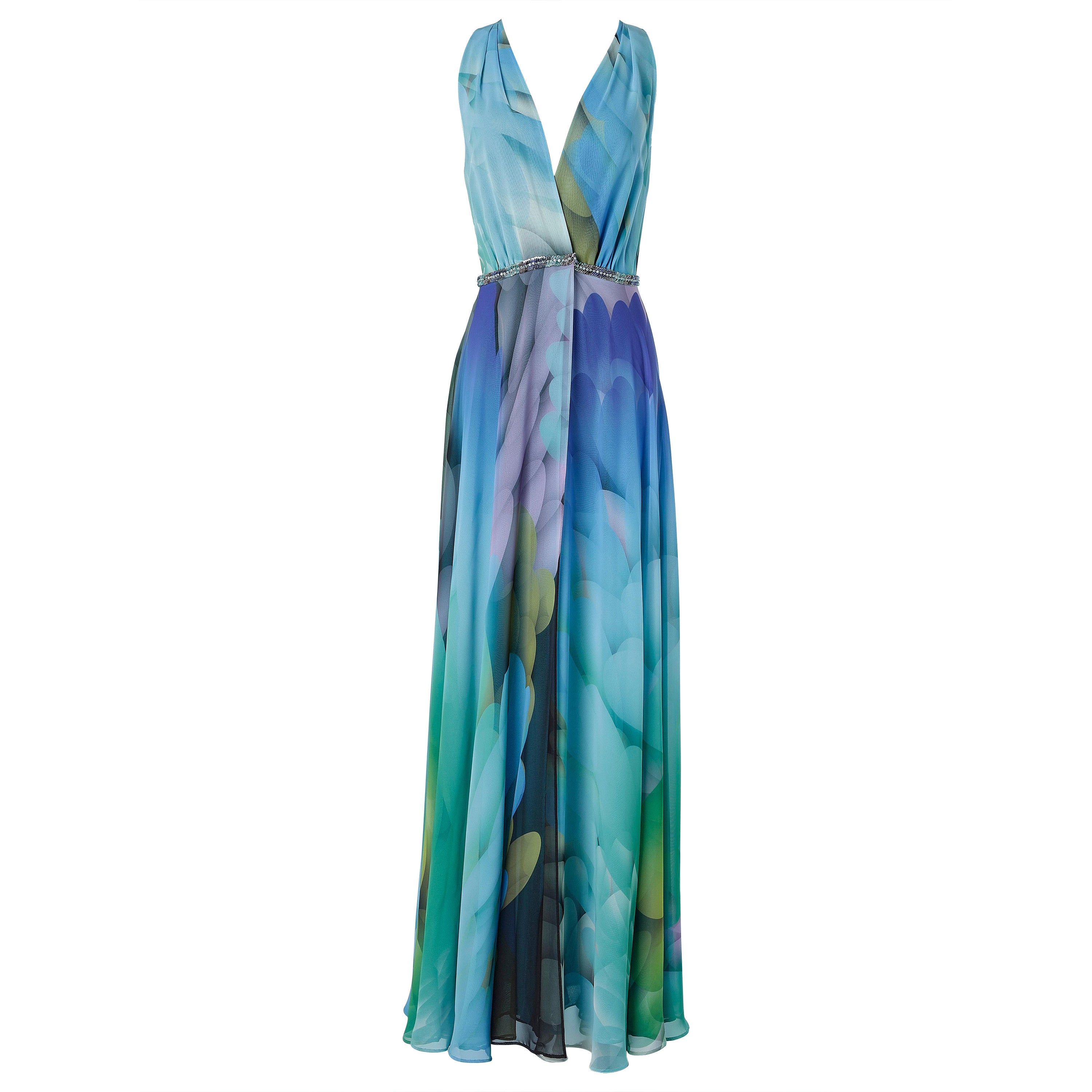 Sleeveless wrapped and printed evening dress with bead work on waist André Laug  For Sale
