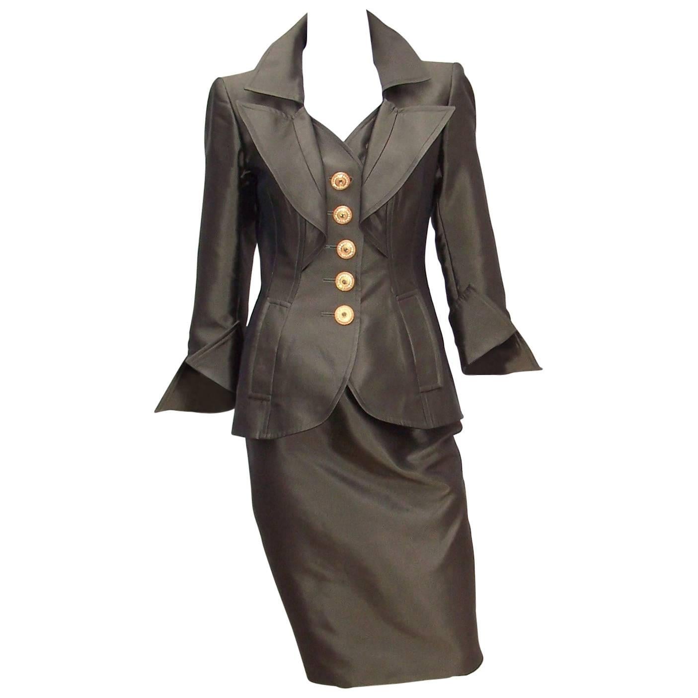 Opulently Goth 1980's Christian LaCroix Bronze Sateen Dress Suit