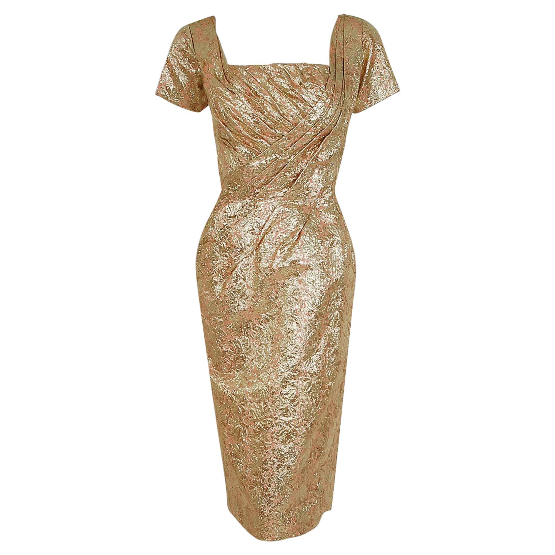 1950's Ceil Chapman Metallic-Gold Lame Ruched Hourglass Cocktail Dress w/Tags