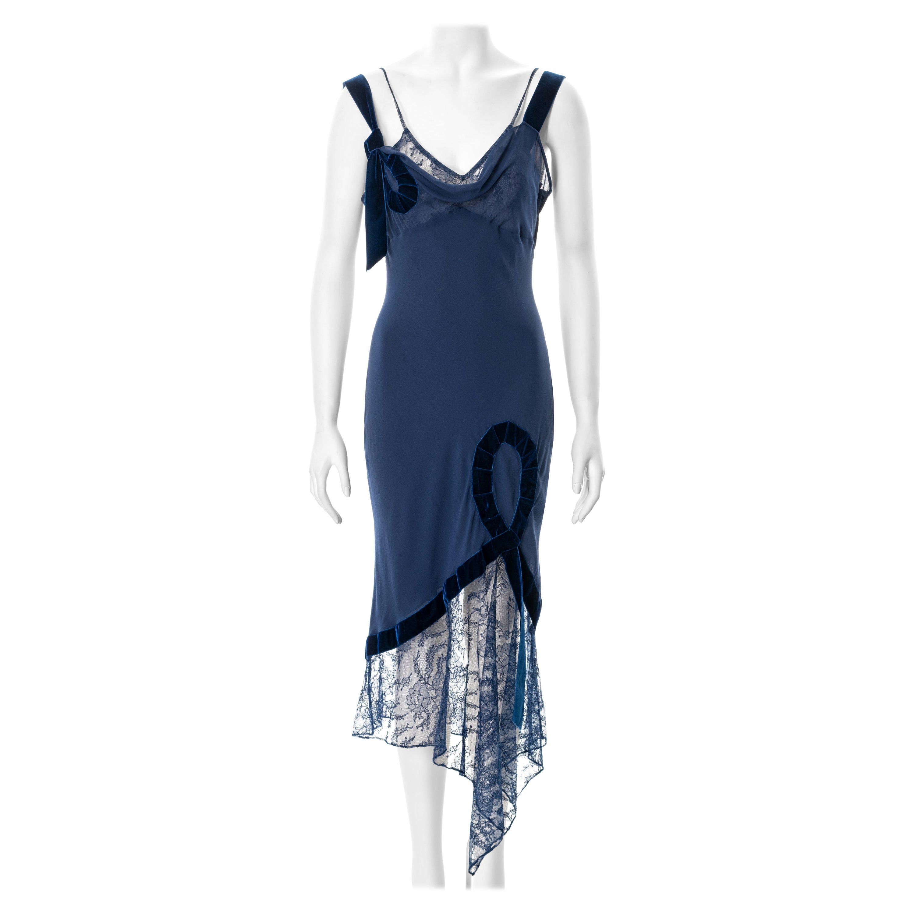 John Galliano blue bias-cut silk dress with velvet ribbon and lace, fw 2001