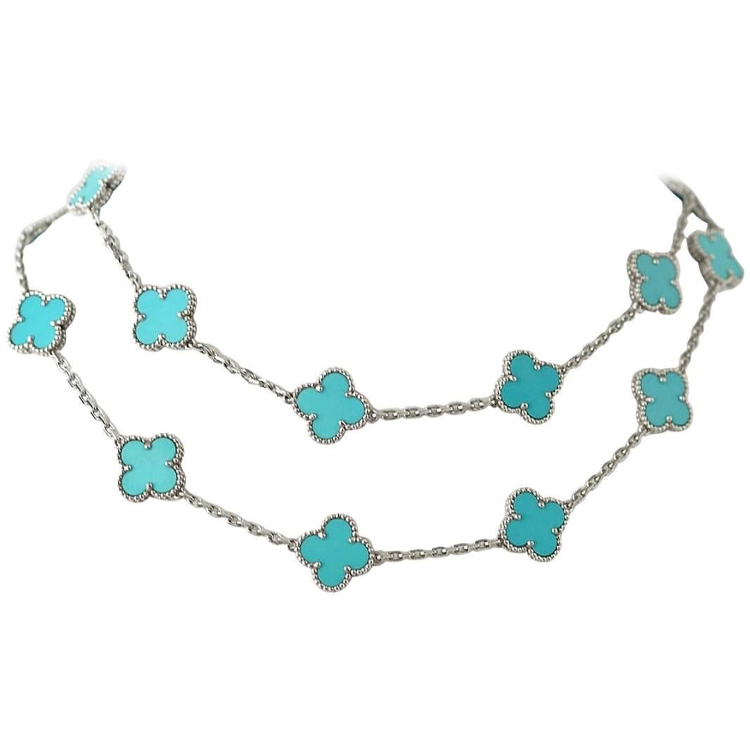 Van Cleef & Arpels Turquoise Gold Alhambra  20 Motif Necklace