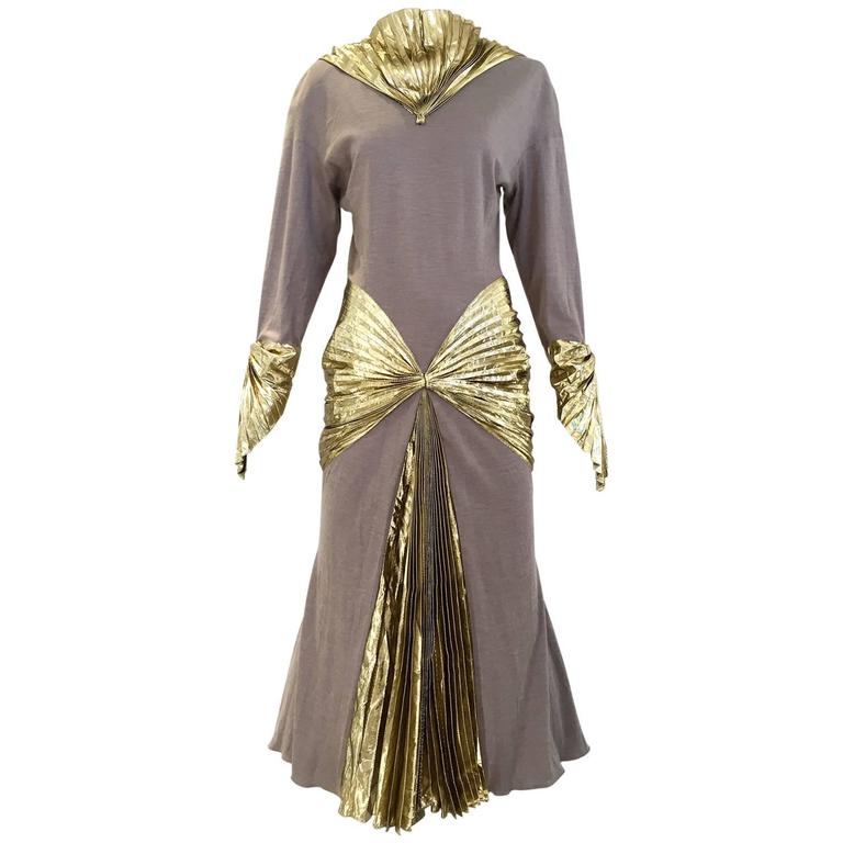 Iconic Vintage Thierry Mugler 1980s Grey Jersey And Gold Lame 80s Iconic Vintage Thierry Mugler 1980s Grey Jersey And Gold Lame 80s Dress For