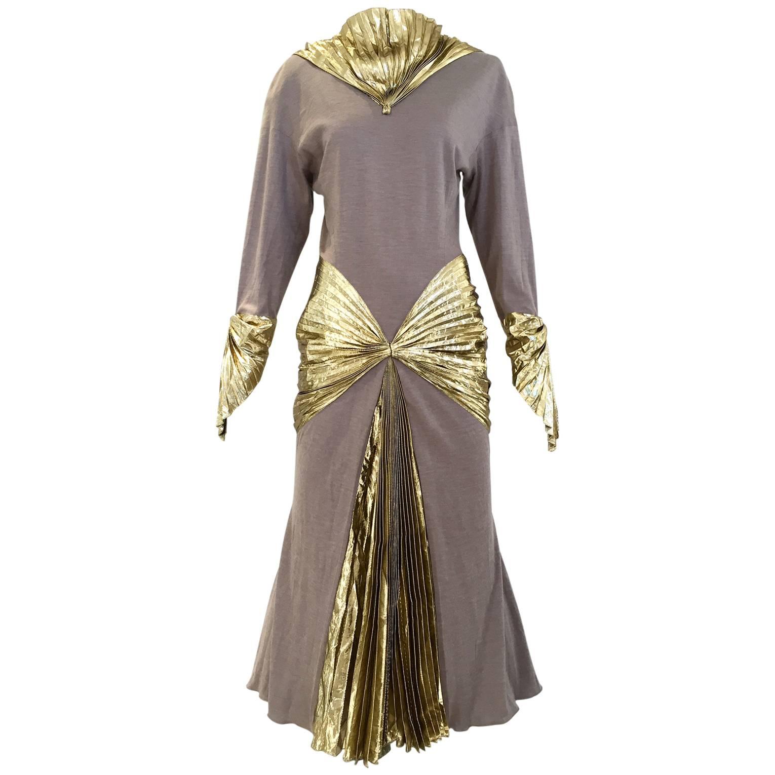 Iconic Vintage THIERRY MUGLER 1980s Grey Jersey and Gold lame 80s dress