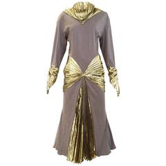 Ikonisches Vintage THIERRY MUGLER 1980er Graues Jersey und Goldlame 80er Kleid