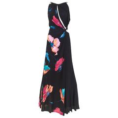 Gianni Versace black floral print silk jersey cut out gown