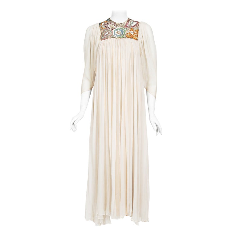 Vintage 1975 Madame Grès Haute Couture Beaded Embroidered Ivory Sheer ...