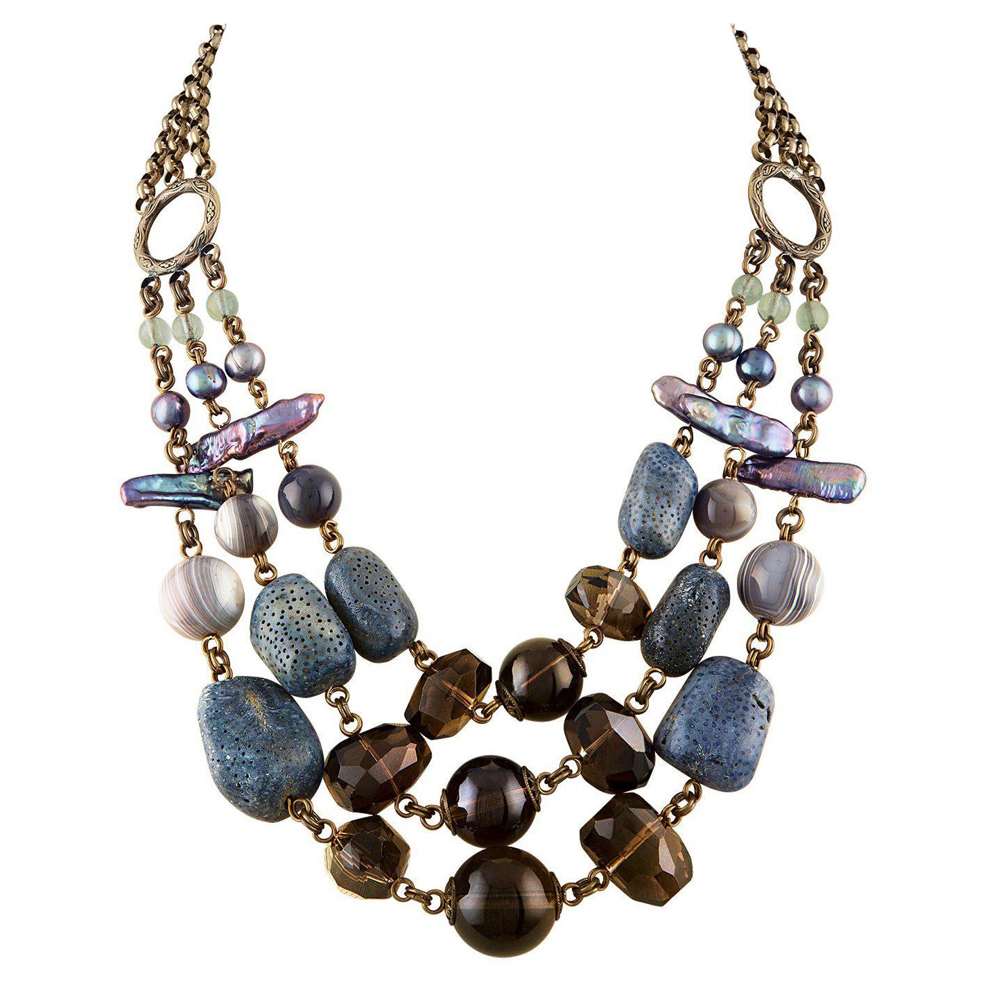 Stephen Dweck Multi-Strand Blue Coral Brass Necklace For Sale