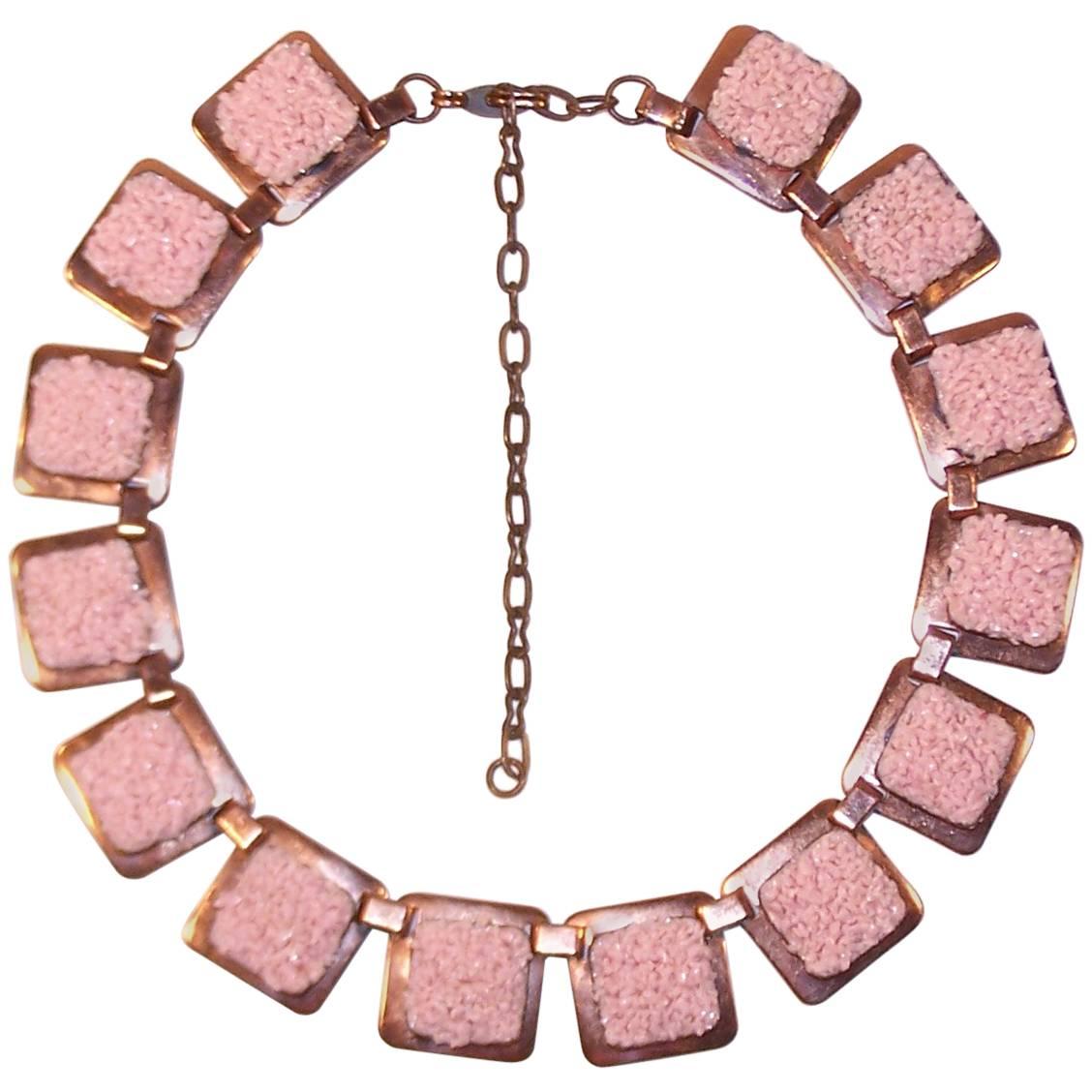 1950's Matisse Copper & Pink Pebble Enamel Choker Style Necklace