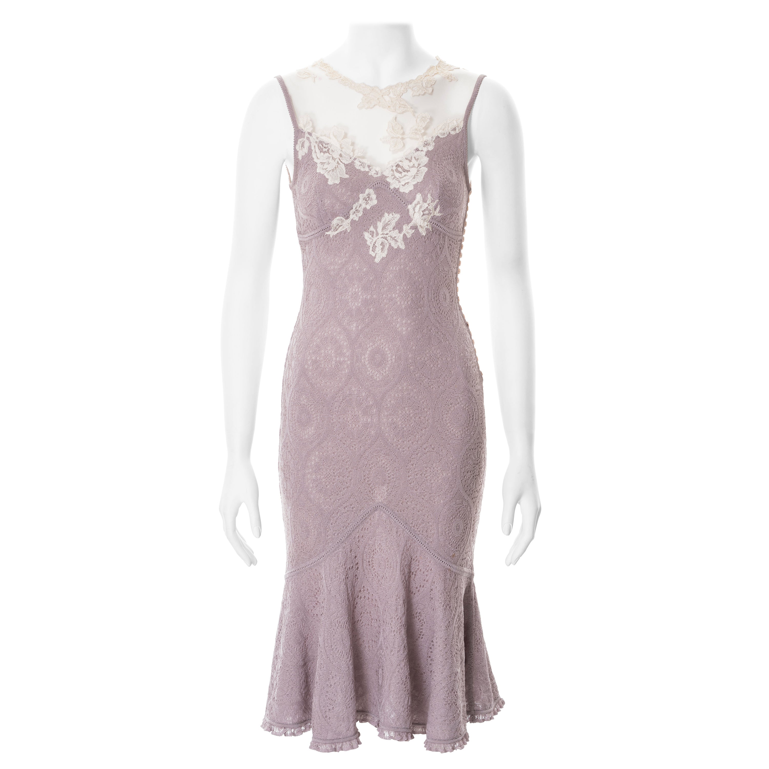 John Galliano lilac knitted lace dress with cream lace and mesh, ss 1998 For Sale