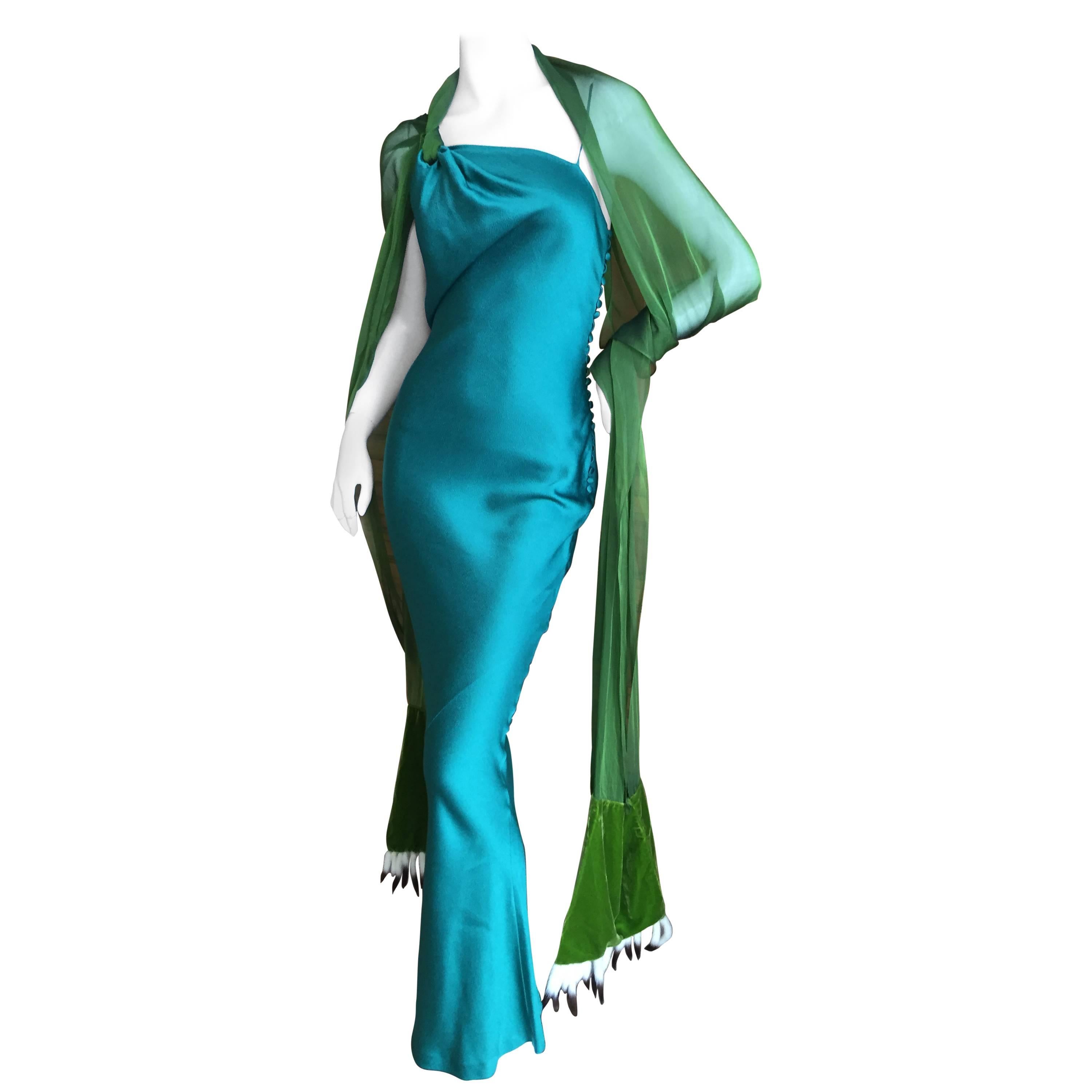 Christian Dior by Galliano Bias Cut Green Dress w Ermine Tail Trim Scarves 1990s