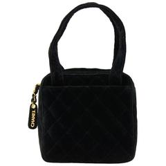 Chanel 8inch Black Quilted Velvet Leather Party Hand Bag