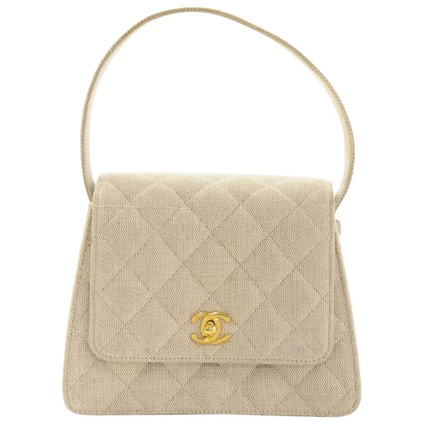 Chanel Beige Quilted Canvas Flap Hand Bag For Sale