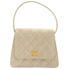 Vintage Chanel Beige Quilted Canvas Flap Hand Bag