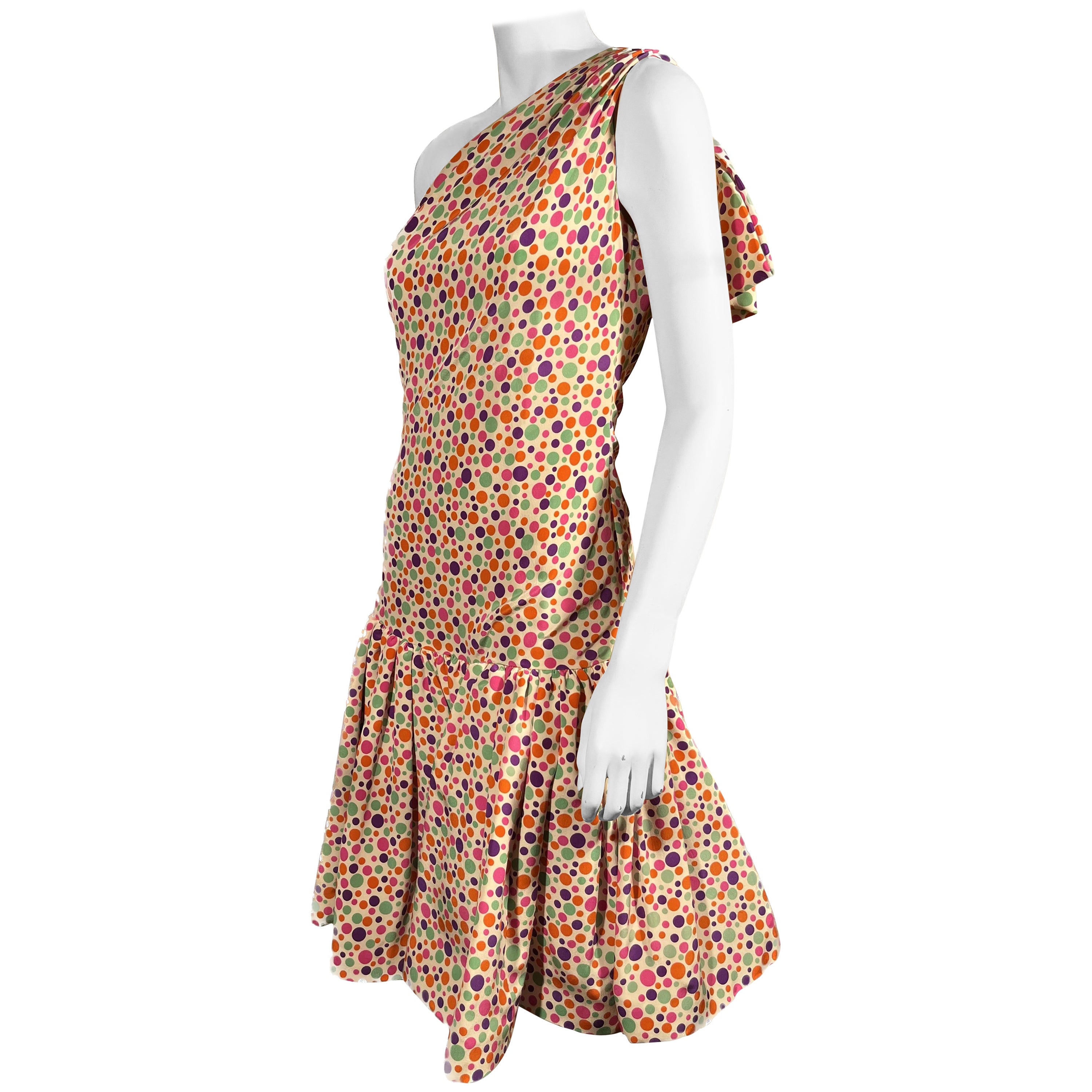 1980's OSCAR DE LA RENTA Asymmetrical Polka Dot Silk Party Dress For Sale