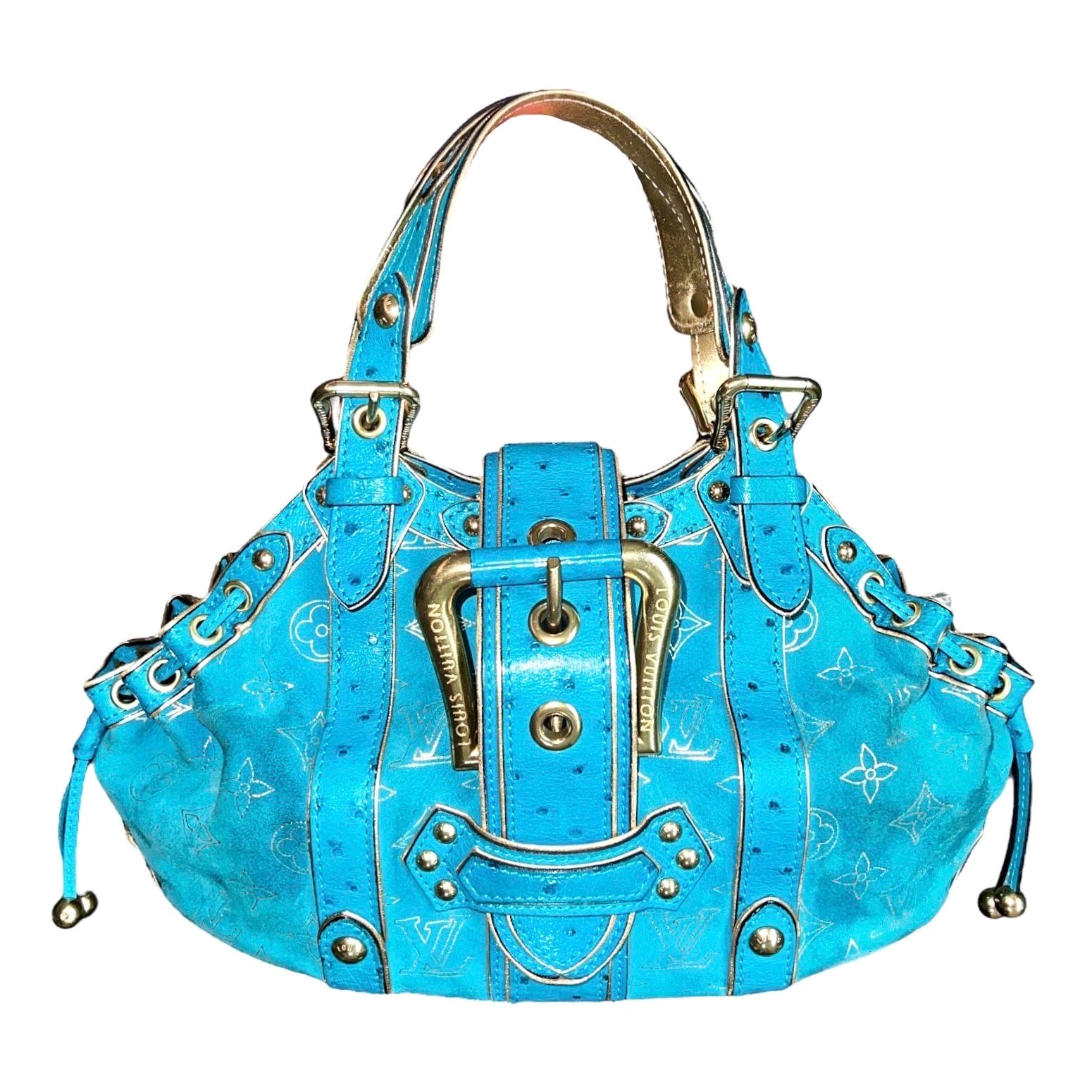 LOUIS VUITTON Limited Edition - Turquoise Exotic Ostrich Suede Monogram Logo Bag For Sale