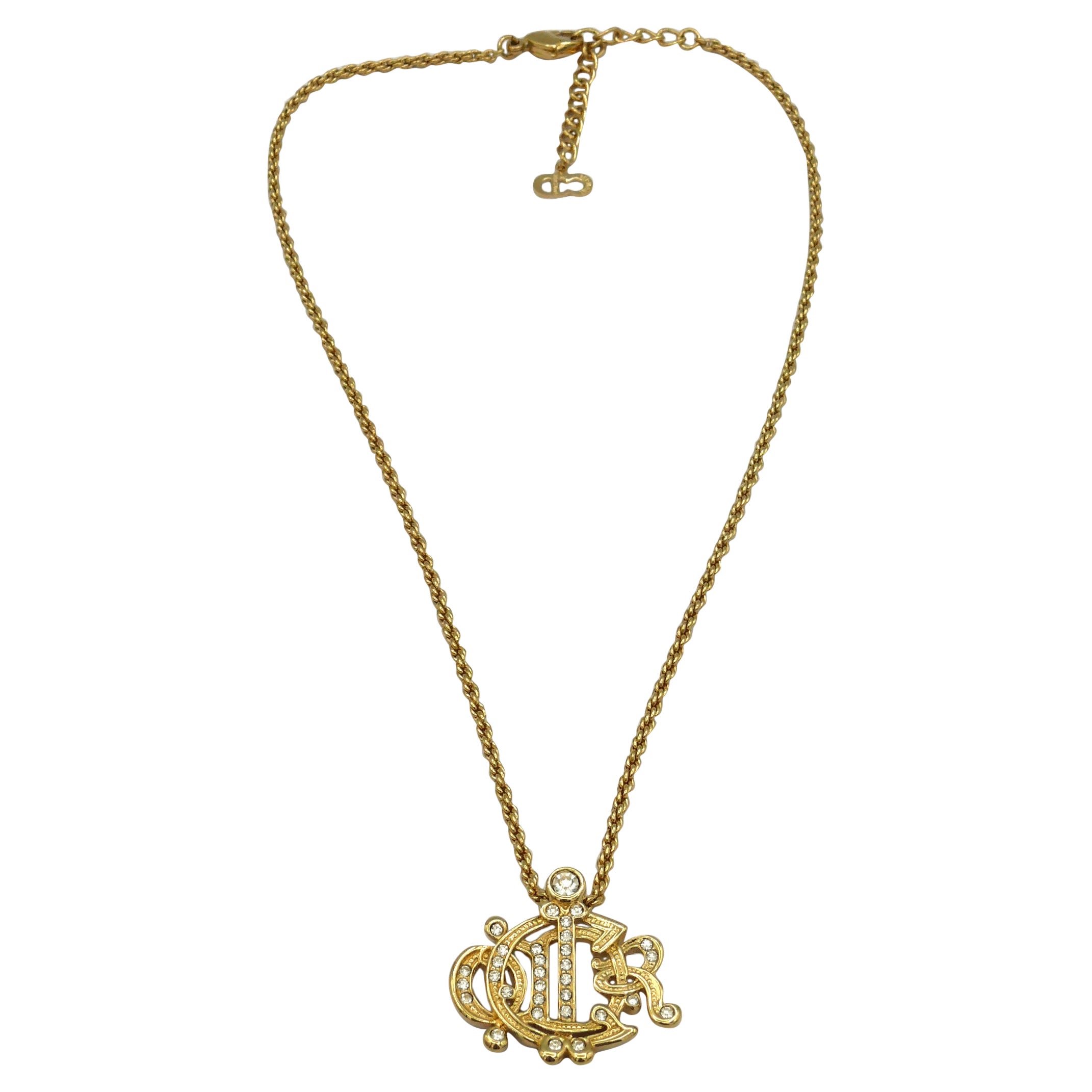 CHRISTIAN DIOR Vintage Gold Tone Jewelled Logo Pendant Necklace For Sale