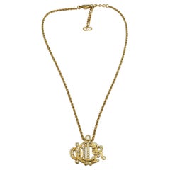 CHRISTIAN DIOR Vintage Gold Tone Jewelled Logo Pendant Necklace
