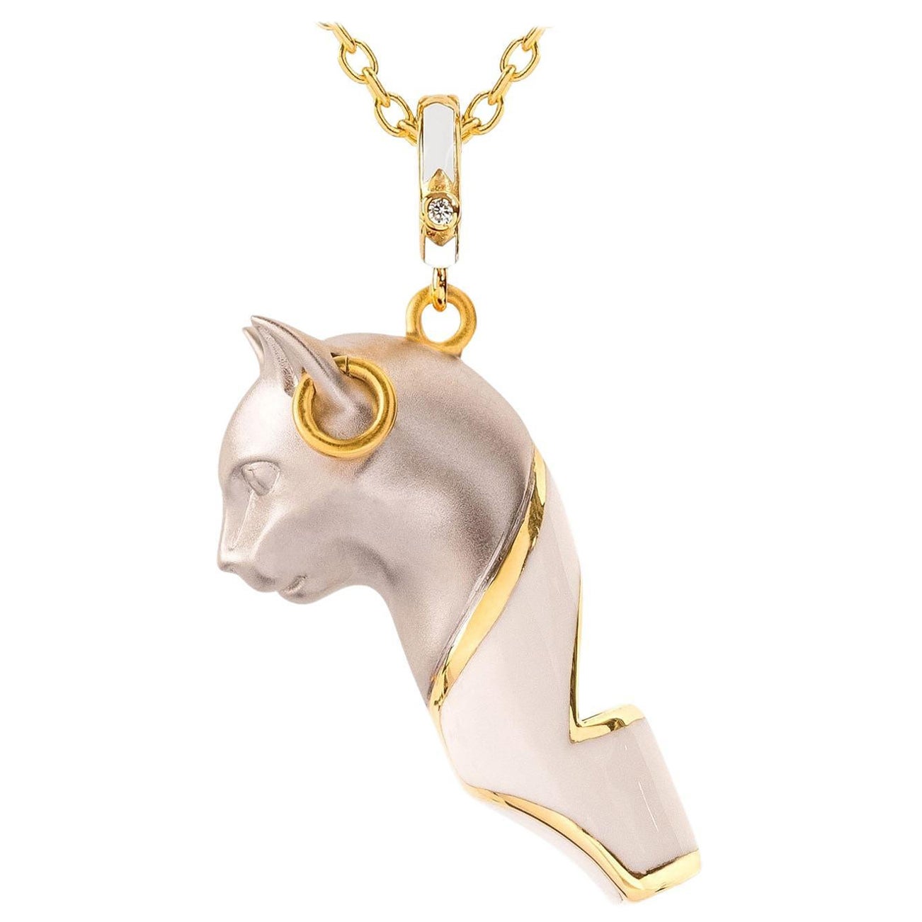 Naimah Cat Whistle Pendant Bastet Necklace, White Enamel For Sale