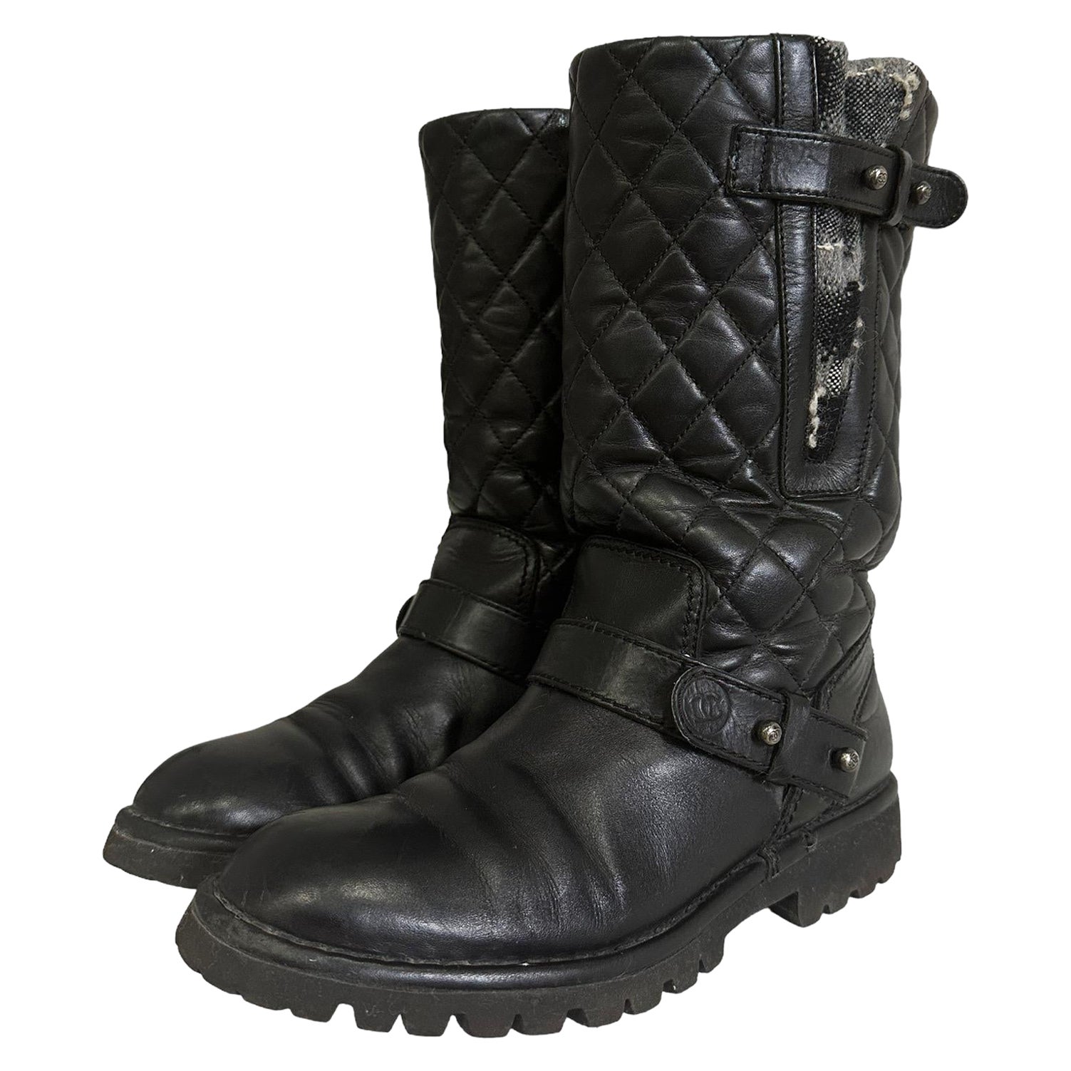 Chanel Biker Boots Black Leather Tweed For Sale