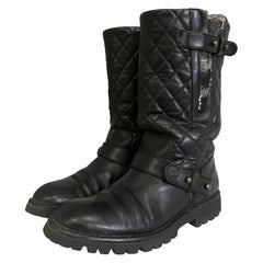 Chanel Biker Boots Black Leather Tweed