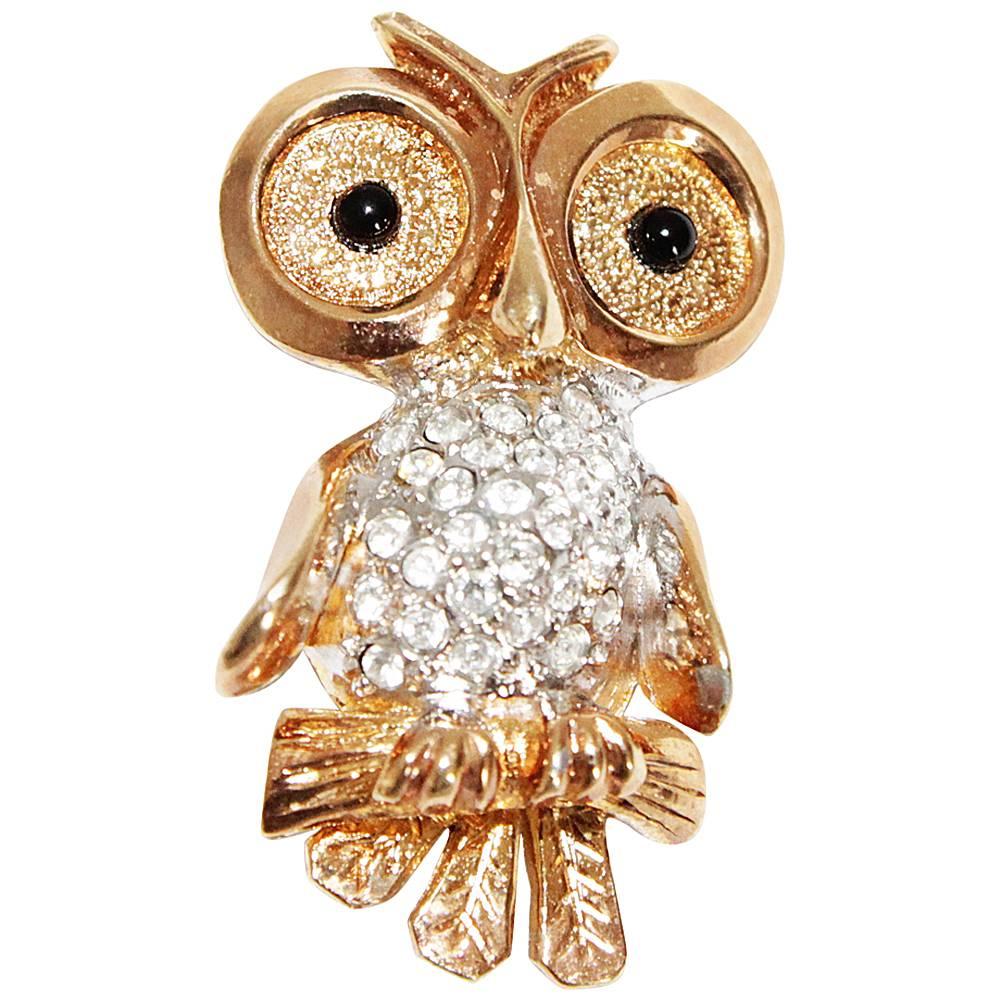 Sparkling crystal little owl brooch 60s
