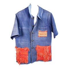 Blue Summer Jacket Cotton Short Sleeve Orange Tweed Medium French Work Wear
