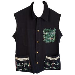 Black Vest Black Silver Fringes Lurex Tweed Vintage Work Wear Sleeveless