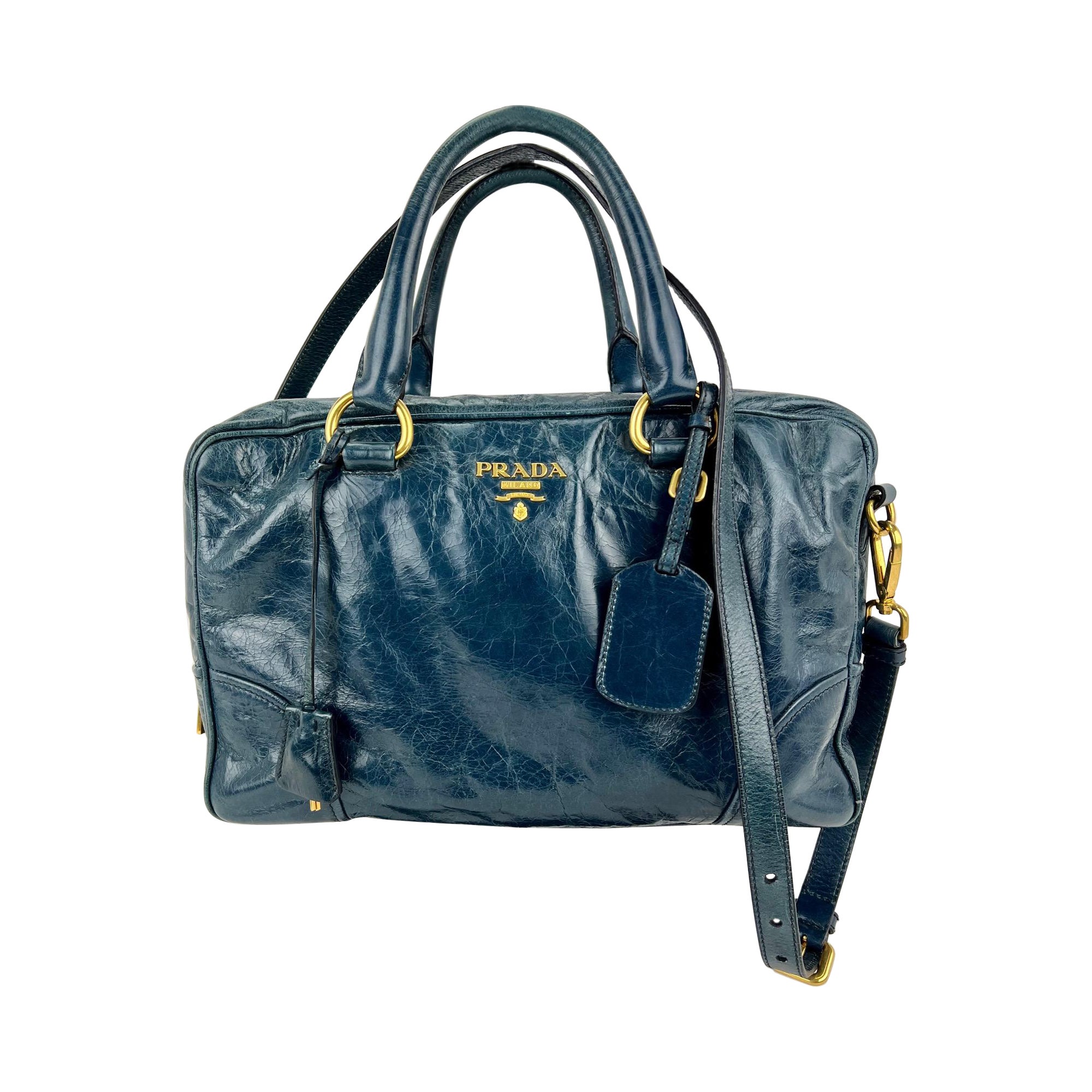 PRADA Vitello Shine Shopping Satchel Denim color Distressed Bag 