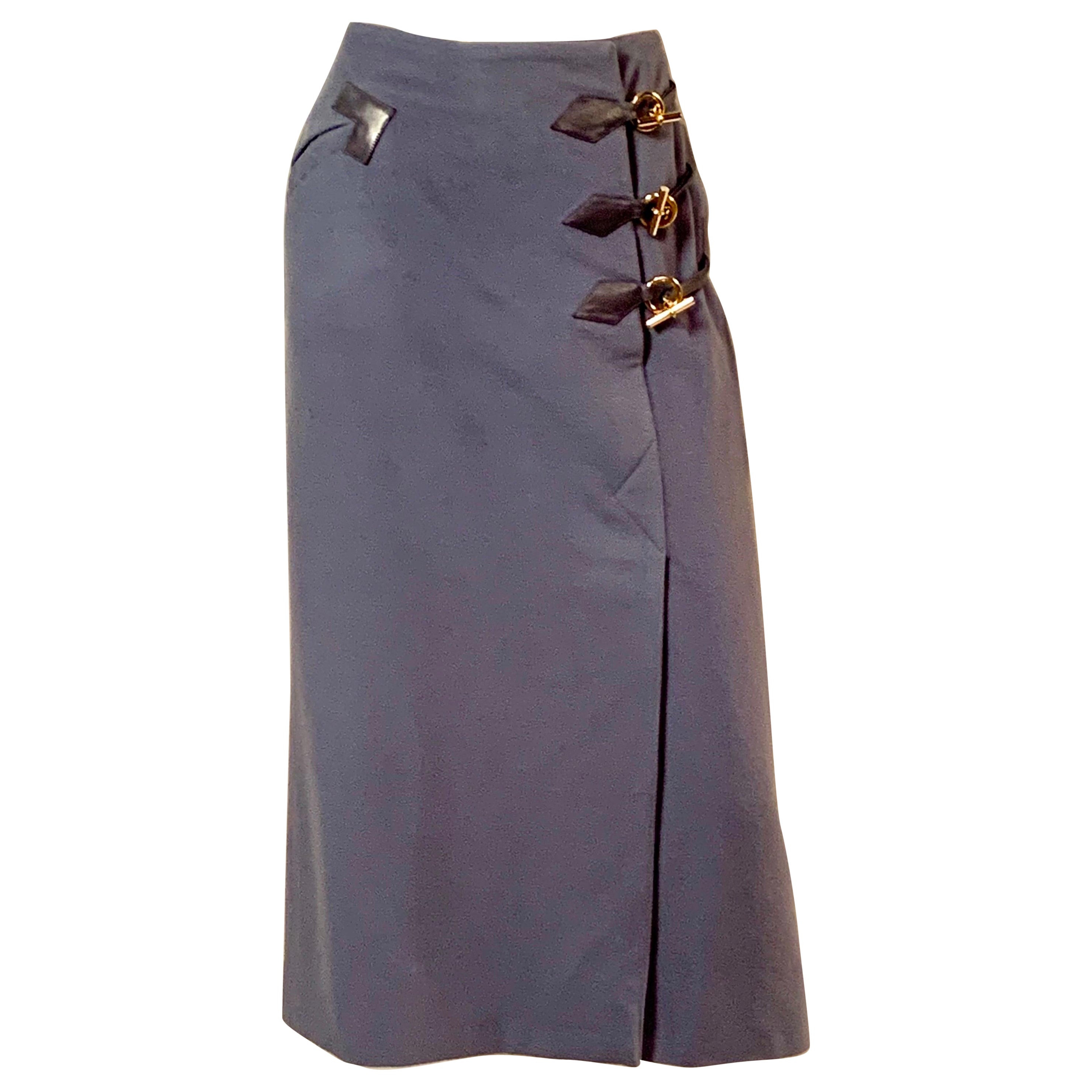 Hermes Blue Wool Skirt with Leather and Gold Tone Closure For Sale