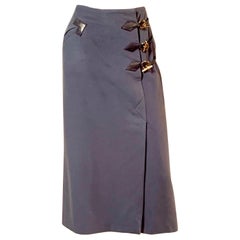 Hermes Blue Wool Skirt with Leather and Gold Tone Closure