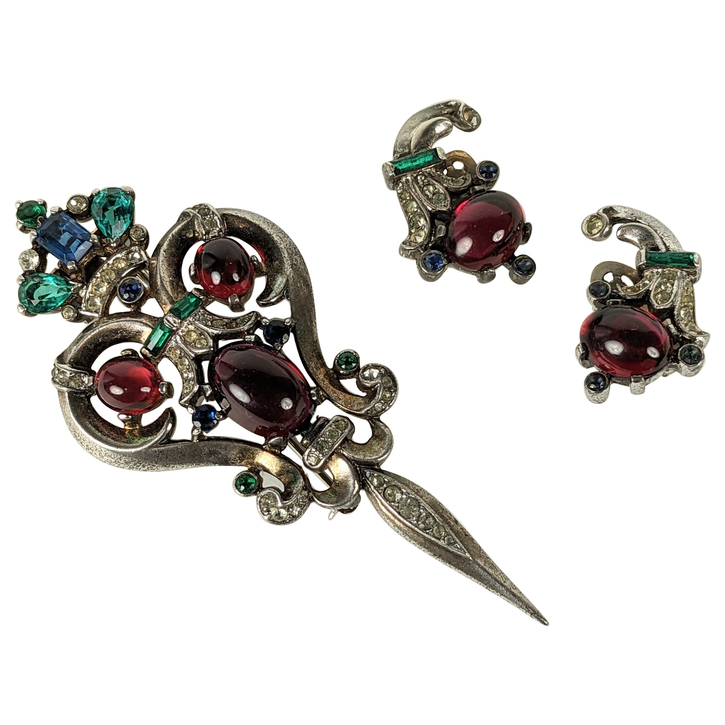 Trifari Sterling Ruby "Talisman" Brooch Earring Set, Alfred Philippe For Sale
