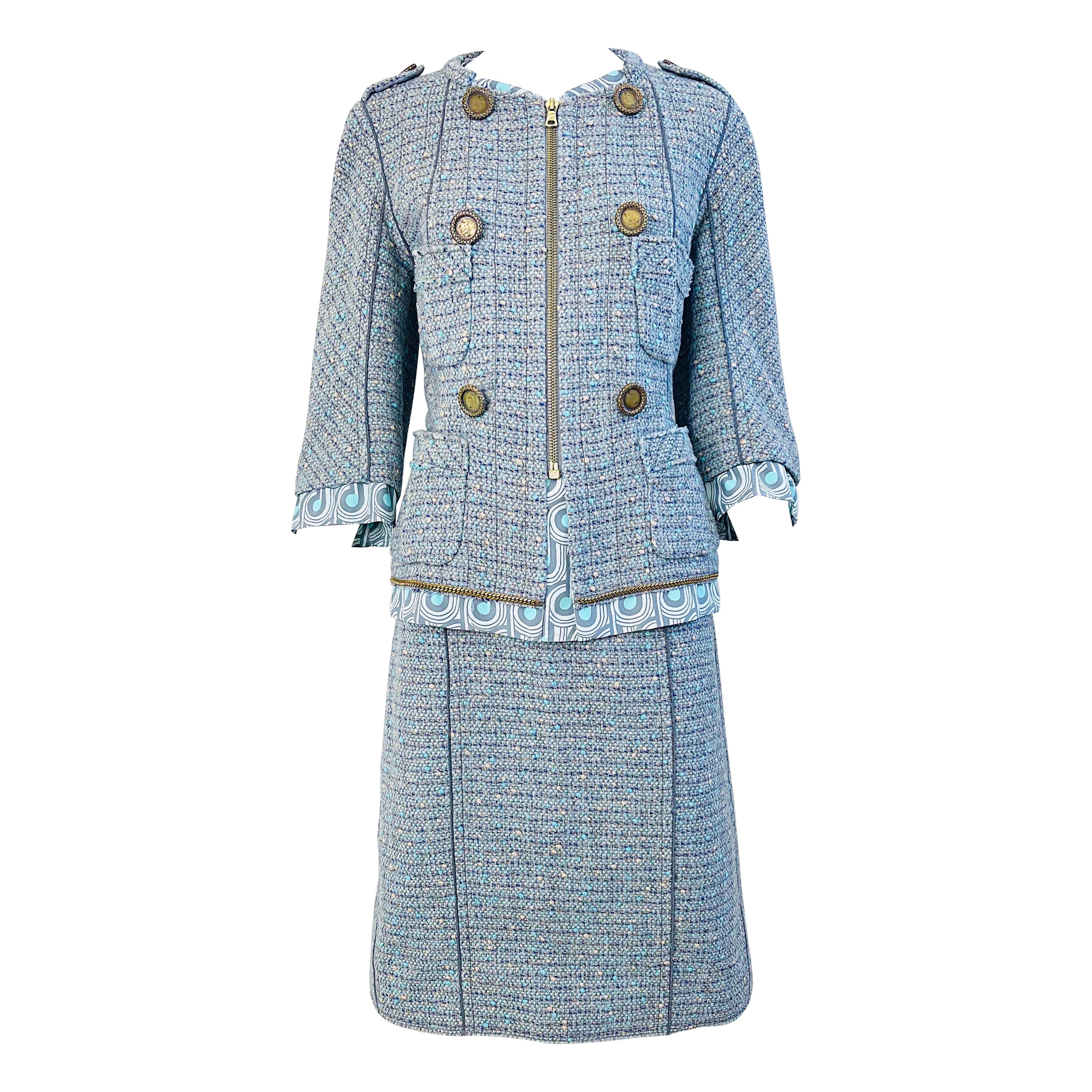 Marc Jacobs Spring 2005 Size 8 Blue Green Fantasy Tweed Wool Skirt Suit
