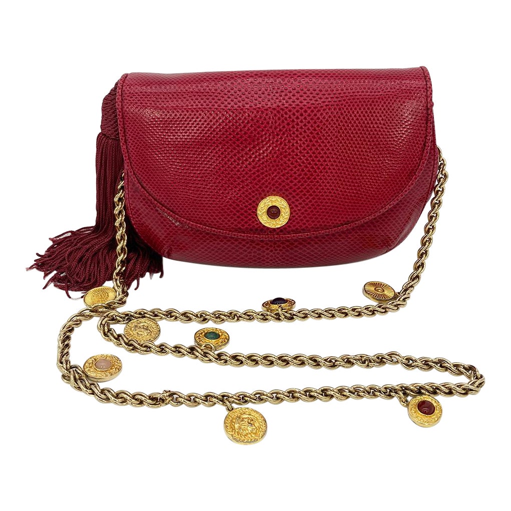 Judith Leiber Red Lizard Tassel Charm Strap Clutch Shoulder Bag For Sale