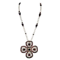 A.Jeschel Stunning Garnet and Pearl Cross Long Necklace.