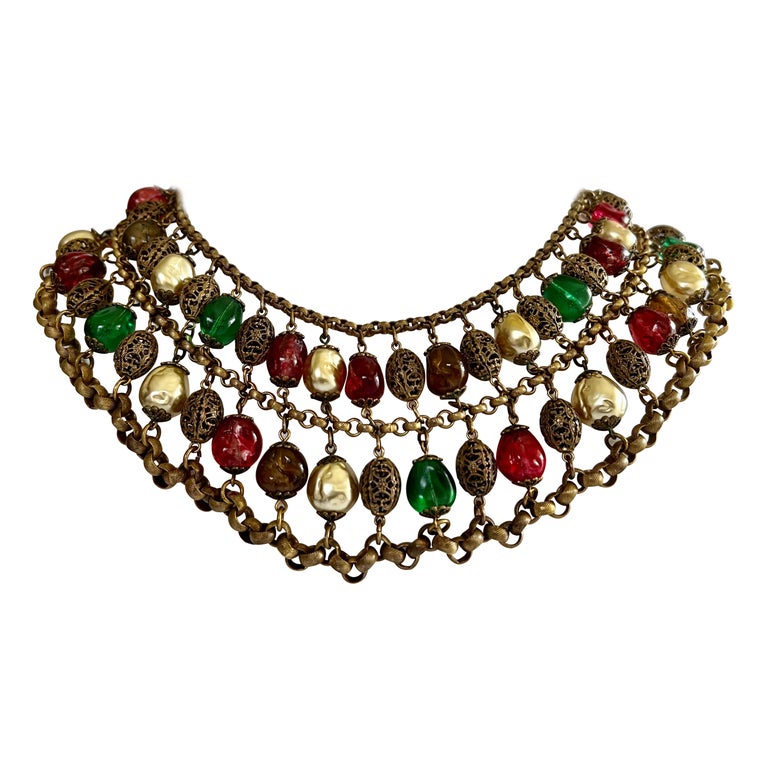 Collier Vintage Perles De Verre Rouge Et Doré Avec Cristal – Bijou Fantaisie Rétro