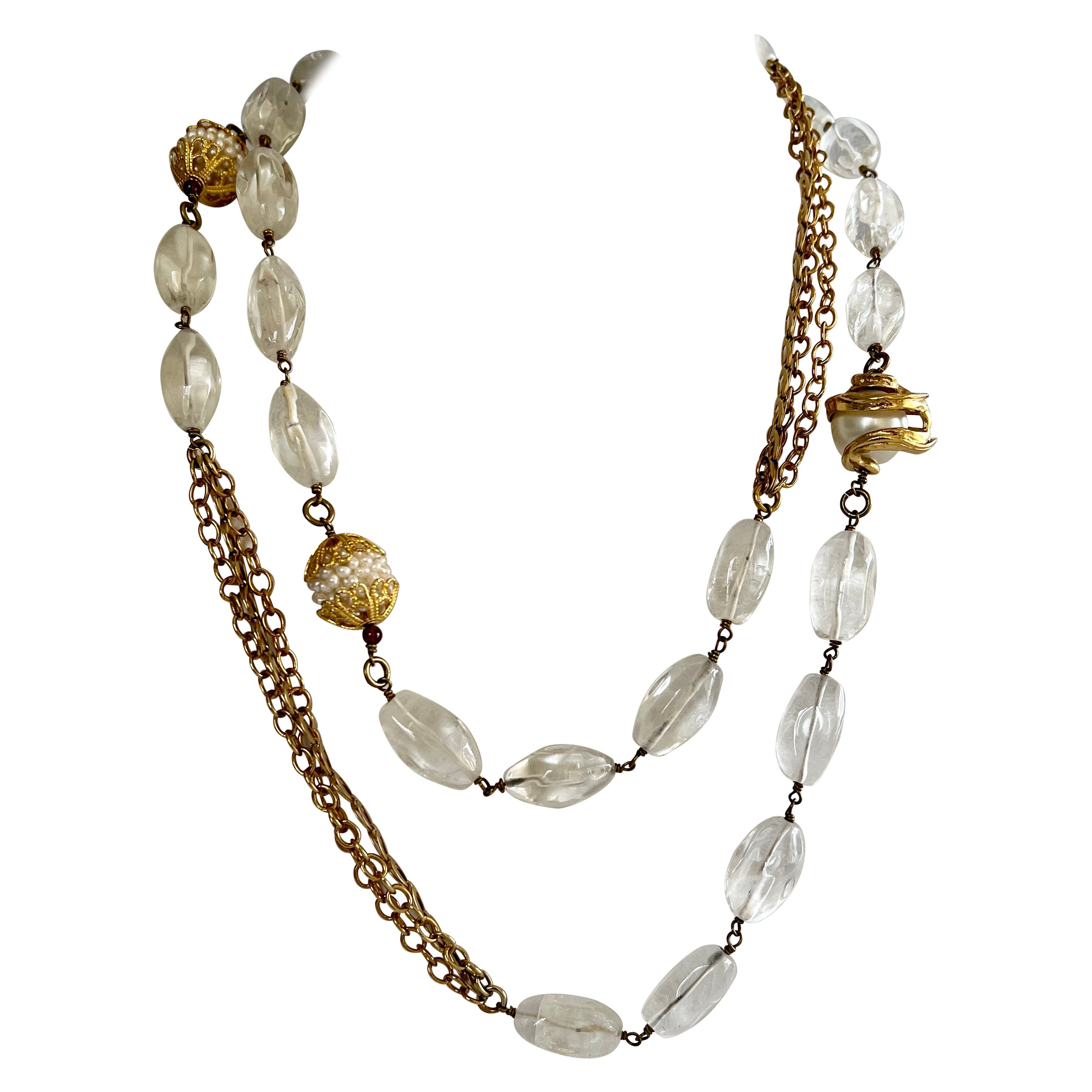Chaîne double, collier sautoir français en cristal de roche, bronze et fausse perle